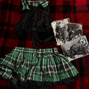 Plaid black green school girl costume